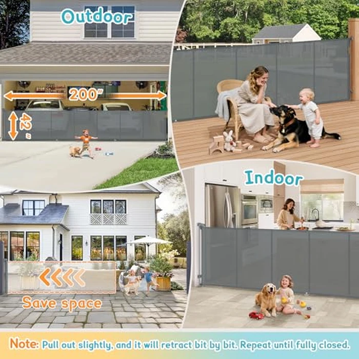5 Meters Retractable Baby Gate Extra Wide, 42'' Extra Tall Mesh Gate for Indoor/Outdoor, 200'' Grey Reinforced Retractable Dog Gate with Reinforcement Rod for Doorways, Stairs, Large Openings by AMAZKRUS - Image 7