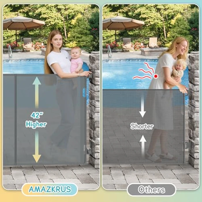 5 Meters Retractable Baby Gate Extra Wide, 42'' Extra Tall Mesh Gate for Indoor/Outdoor, 200'' Grey Reinforced Retractable Dog Gate with Reinforcement Rod for Doorways, Stairs, Large Openings by AMAZKRUS - Image 9