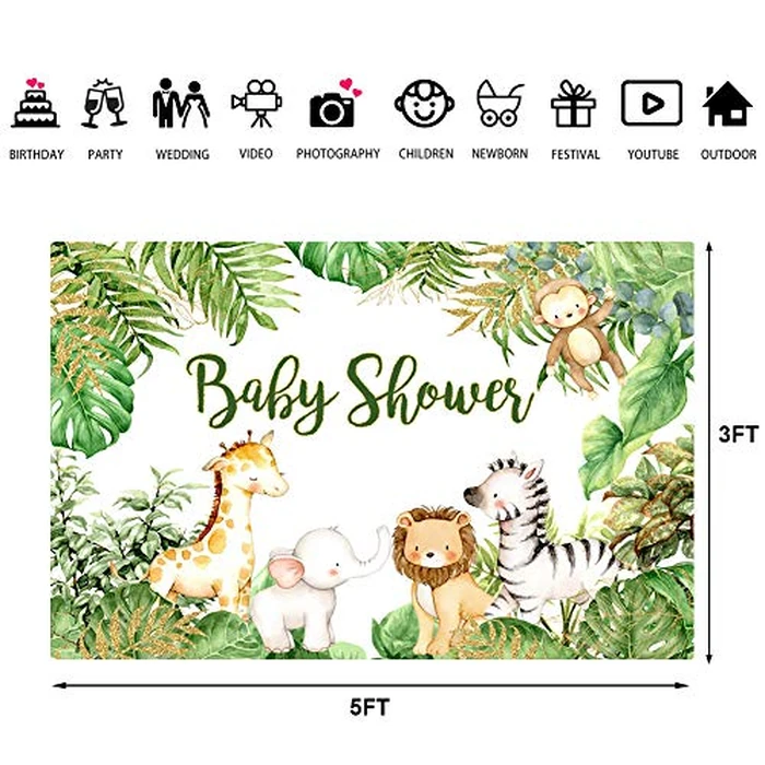 LoveInM Safari Animals Baby Shower Backdrop 5x3ft Vinyl Multicolor Gold Jungle Baby Shower Background Party Banner Decorations for Boy Photo Studio Props by LoveInM - Image 4