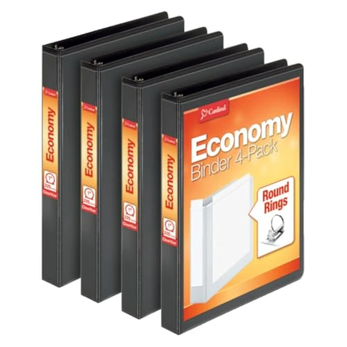 Cardinal Economy 3 Ring Binder, 1 Inch, Presentation View, Black, Holds 225 Sheets, Nonstick, PVC Free, 4 Pack of Binders (79512) by Cardinal - Used - Like New condition