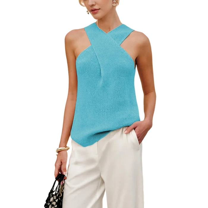Yeokou Women Halter Cross Over Collar Tank Knit Sleeveless Top Solid Color Casual Summer Blouse(Blue-S) by Yeokou - Used - Like New condition