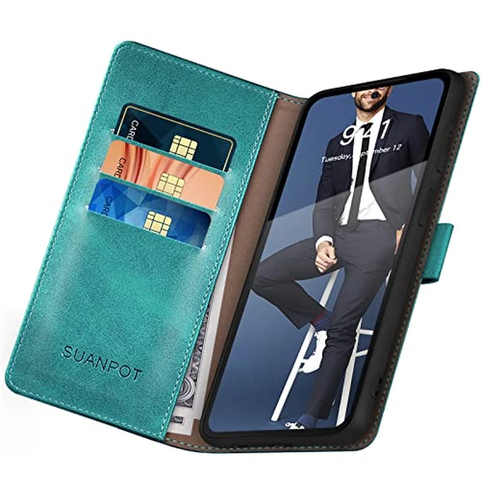 SUANPOT for Samsung Galaxy S22 Leather Wallet case with RFID Credit Card Holder Flip Folio Book Magnetic PU Phone case Cover for Man Women for Samsung S22 case Wallet Blue Green by SUANPOT - Image 5