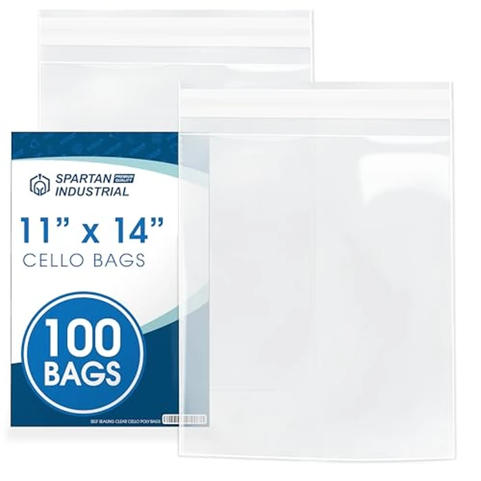 11" X 14" Self-Sealing Cellophane Bags (100 Count) Clear Poly Packaging for Clothing, Prints, Photos, Documents - Reinforced Resealable Cello Bags for Small Business Shipping - Spartan Industrial by Spartan Industrial - Used - Like New condition