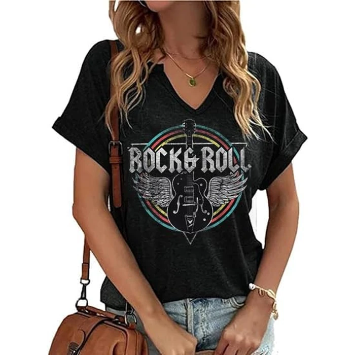 Women Vintage V Neck Shirts Rock and Roll Music Guitar Graphic T Shirt Country Music Tops Teacher Tee (BK01RKR,X-Large) by peugryu - Image 1
