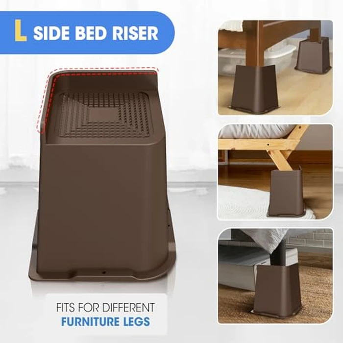 MYMULIKE Bed Risers 6 Inch Heavy Duty, Furniture Risers for Bed, Couch, Desk, Chair, Refrigerator, Cabinet, 4 Pack L Edge Square Design Stand Supports Up to 6000 Pounds by MYMULIKE - Image 3