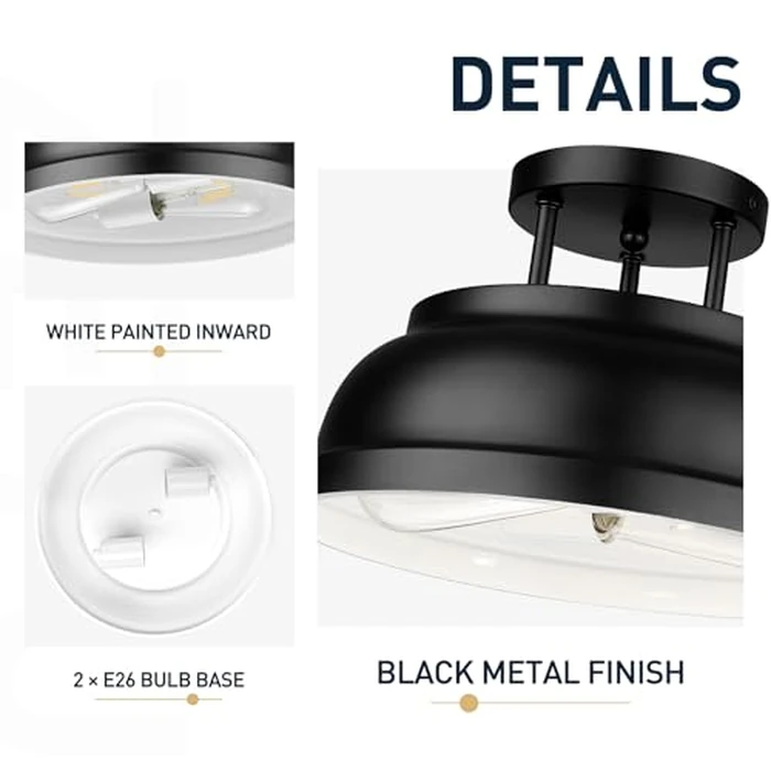 zeyu 12'' Industrial Semi Flush Ceiling Light, 2-Light Flush Mount Ceiling Lamp for Bedroom Dining Room, Metal Dome Shade in Black Finish, ZY29-F BK by zeyu - Image 3