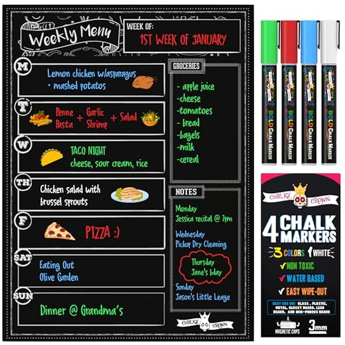 Magnetic Dry Erase Menu Board for Fridge Includes 4 Liquid Chalk Markers - Weekly Meal Planner Blackboard, Grocery List and Notepad for Kitchen Refrigerator - Chalkboard Magnet by Chalky Crown - Used - Very Good condition - CA$12.53