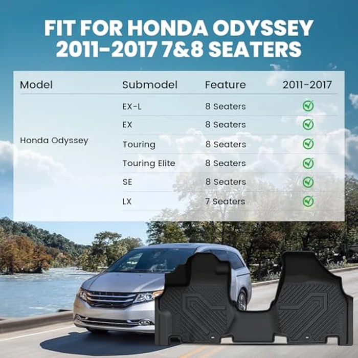 LASFIT Floor Mats & Trunk Mat for Honda Odyssey 2011-2017 (Fit 7& 8 Seaters), All Weather TPE Custom Fit Car Floor Liners, 1st & 2nd & 3rd Row & Cargo Mat, Black (EX-L/EX/Touring/Touring Elite/SE/LX) by LASFIT - Image 2