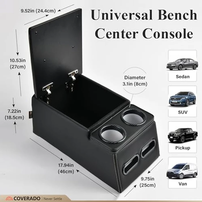 Coverado Car Center Console, Universal Rear Bench Seat Consoles, Truck Seat Organizer and Storage, Back Seat Car Organizer with Cup Holder, Central Armrest Box (Regular, Black) by Coverado - Image 4