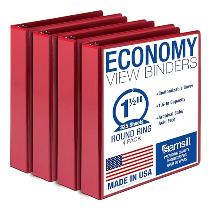 Samsill 1.5 Inch 3 Ring Binders, Made in USA, Economy Round Ring, Clear View Cover, 325 Sheet Capacity - for School, Home, Office - Red, 4 Pack by Samsill - Used - Good condition - CA$9.21