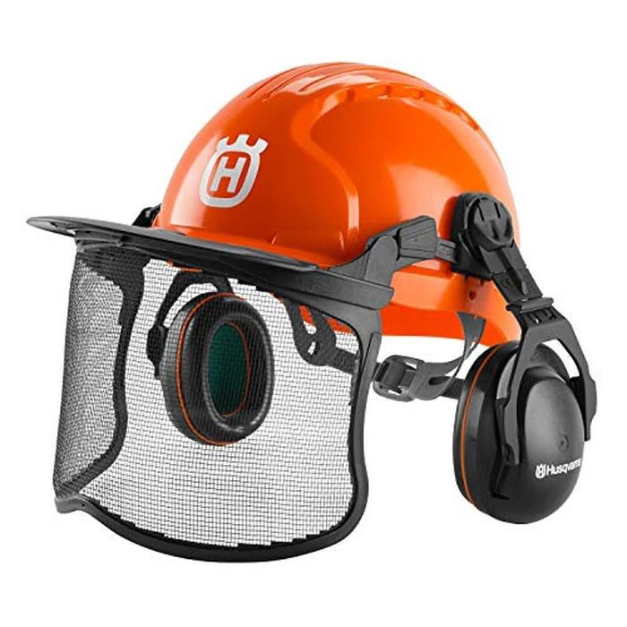 Husqvarna 592752602 Chainsaw Helmet with Metal Mesh Face Shield, Adjustable Ear Muffs for Hearing Protection, and Sun Peak, HDPE Forestry Helmet Shell, Orange by Husqvarna - Used - Very Good condition
