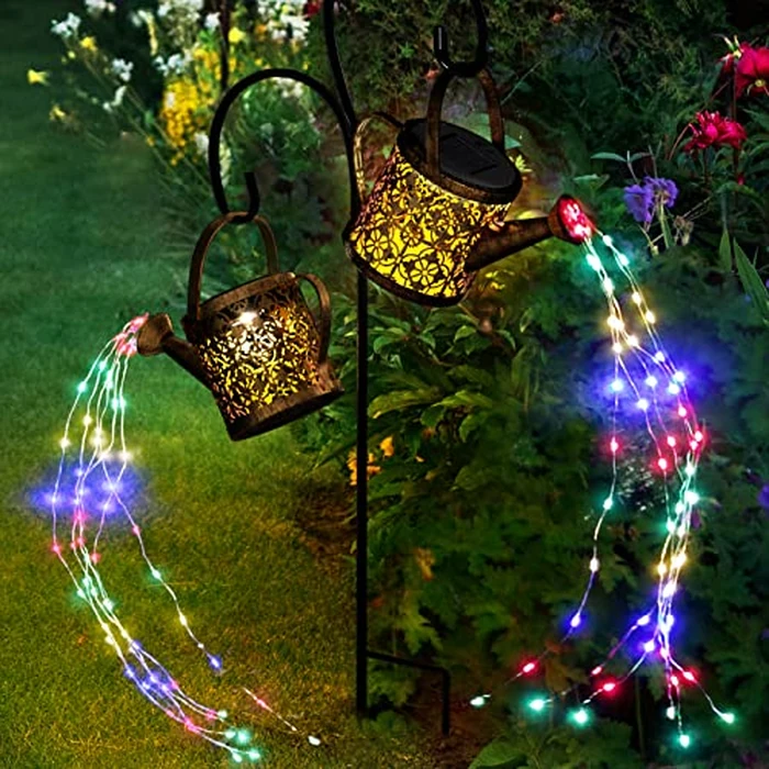 Merear Solar Watering Can Lights Outdoor with 8 Multi-Color Changing Modes, IP65 Waterproof Landscape Light Garden Decor, One Pole Two Lights Outside Decorations for Lawn, Backyard, Patio, Chrismas by Merear - Used - Like New condition - US$28.49