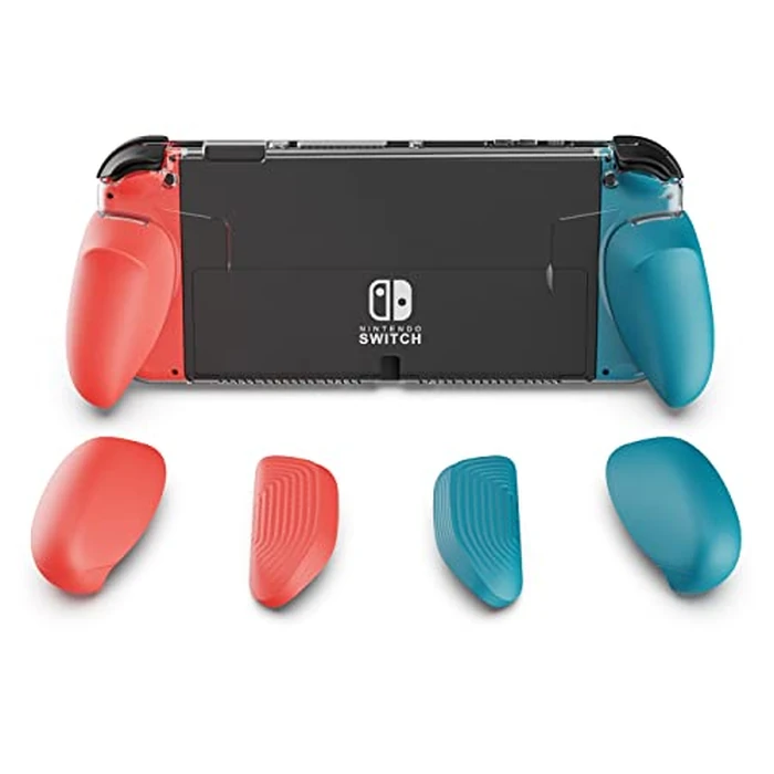Skull & Co. GripCase OLED: A Dockable Transparent Protective Cover Case with Replaceable Grips [to fit All Hands Sizes] for Nintendo Switch OLED Model [No Carrying Case] -Neon Blue (L) Neon Red (R) by Skull & Co. - Used - Very Good condition
