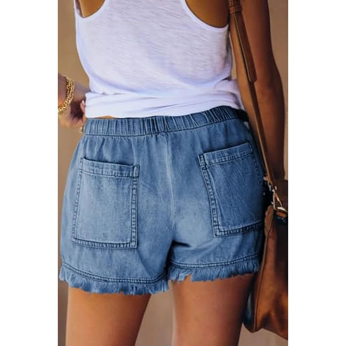 YOCUR Women Loose Casual Blue Cute Denim Shorts for Womens Distressed Trendy Fringe Aesthetic Elastic Waist Kawaii Vintage Hot Pants Blue S by YOCUR - Image 5