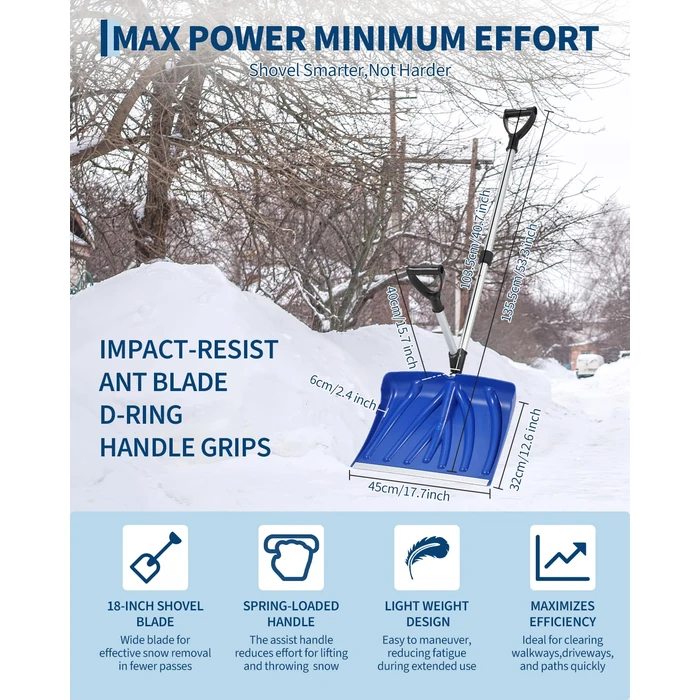 GarveeLife Snow Shovel for Driveway, Ergonomic Snow Pusher Shovel with Assisted Handle, 17.7x12.6 in Blade with Aluminum Edge, Perfect for Driveway Walkway Garden Patio Yard, Blue by GarveeLife - Image 3