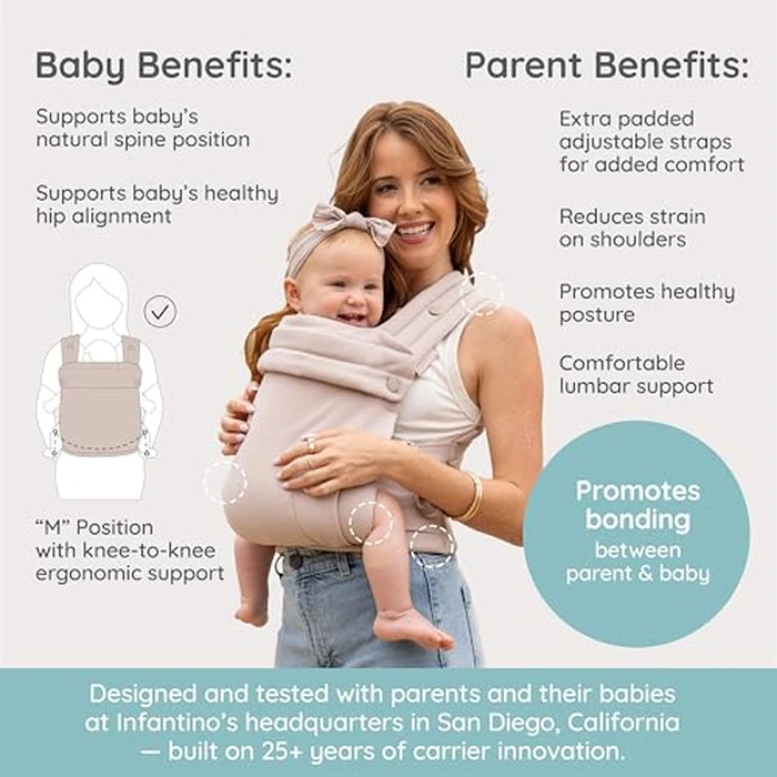 Infantino Honey Blossom Baby Carrier, Ergonomic Infant to Toddler Carrier, Hip Healthy “M” Position Support, Adjustable Sliding Seat, Padded Cross-Back Straps, 7-40 lbs, Toasted Almond by Infantino - Image 6