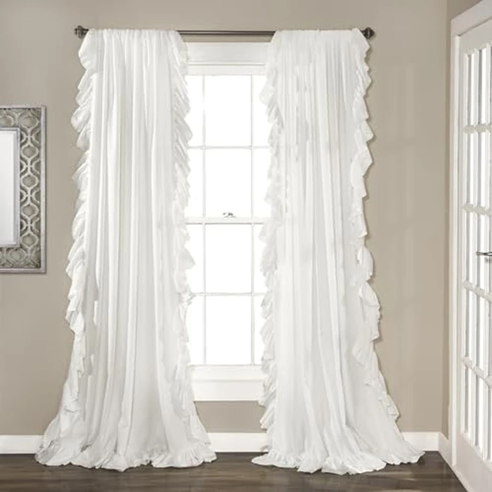 Lush Decor Reyna Ruffle Window Curtain Panel Set, Pair, 54" W x 95" L, White - Flowy Curtain Set - Romantic Ruffle Curtains for Bedroom, Living Room, or Dining Room - Farmhouse & Cottage Home Decor by Lush Decor - Used - Like New condition