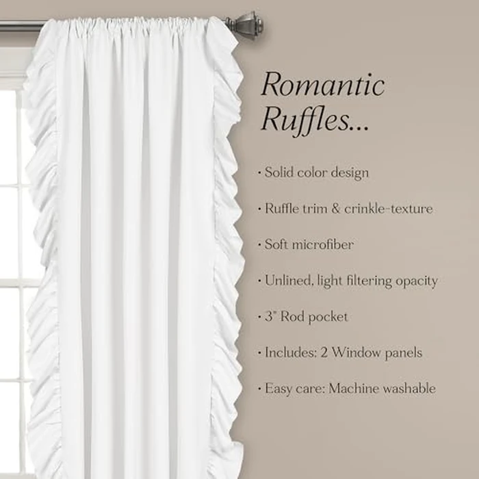 Lush Decor Reyna Ruffle Window Curtain Panel Set, Pair, 54" W x 95" L, White - Flowy Curtain Set - Romantic Ruffle Curtains for Bedroom, Living Room, or Dining Room - Farmhouse & Cottage Home Decor by Lush Decor - Image 6