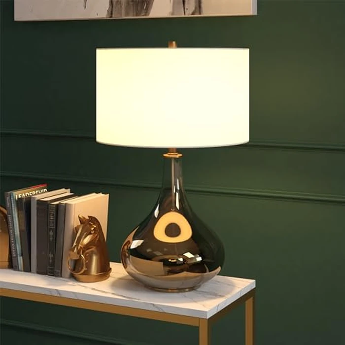 Henn&Hart 25.5" Tall Table Lamp with Fabric Shade in Chromed Brass, for Home, Living Room, Bedroom, Entertainment Room, Office, Kitchen, Dining by Henn&Hart - Image 6