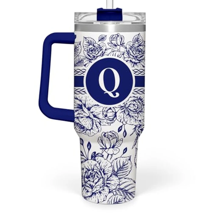 Personalized Tumbler with Handle 40oz, Monogrammed Tumbler with Letter Q, Initial Gifts for Women Girls, Insulated Coffee Cup with Straw, Custom Gift for Birthday Christmas Mothers Day by wowcugi - Image 1