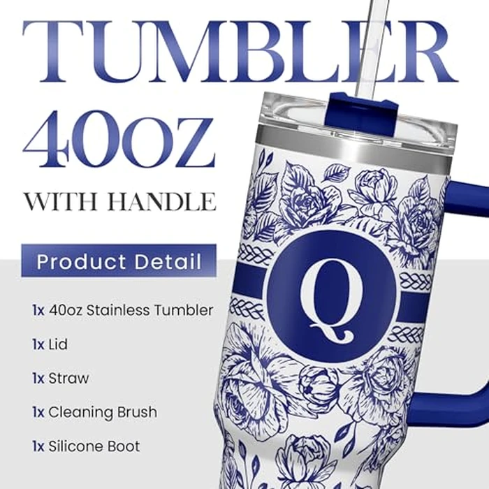 Personalized Tumbler with Handle 40oz, Monogrammed Tumbler with Letter Q, Initial Gifts for Women Girls, Insulated Coffee Cup with Straw, Custom Gift for Birthday Christmas Mothers Day by wowcugi - Image 2