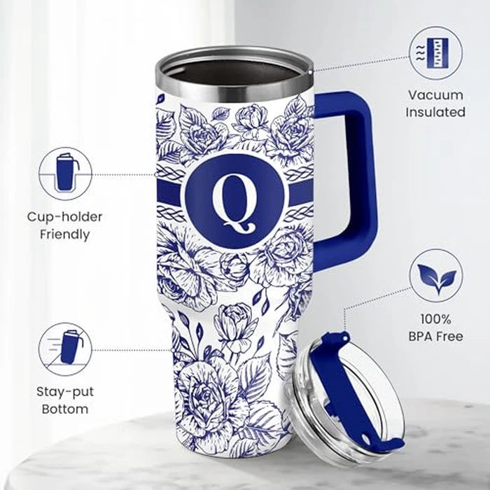 Personalized Tumbler with Handle 40oz, Monogrammed Tumbler with Letter Q, Initial Gifts for Women Girls, Insulated Coffee Cup with Straw, Custom Gift for Birthday Christmas Mothers Day by wowcugi - Image 3