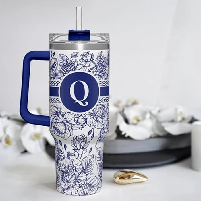 Personalized Tumbler with Handle 40oz, Monogrammed Tumbler with Letter Q, Initial Gifts for Women Girls, Insulated Coffee Cup with Straw, Custom Gift for Birthday Christmas Mothers Day by wowcugi - Image 6