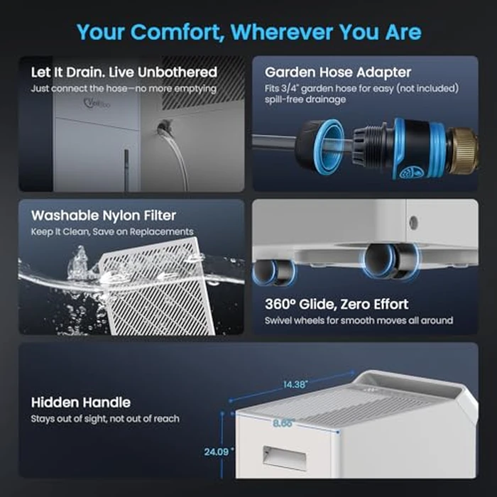 5,000 Sq. Ft Energy Star Dehumidifiers for Basements,Vellgoo Max 100 Pint/D Dehumidifier with Drain Hose, Dehumidifier for Home Large Room, Auto Defrost, Intelligent Humidity Control, 24 Hr Timer by Vellgoo - Image 6