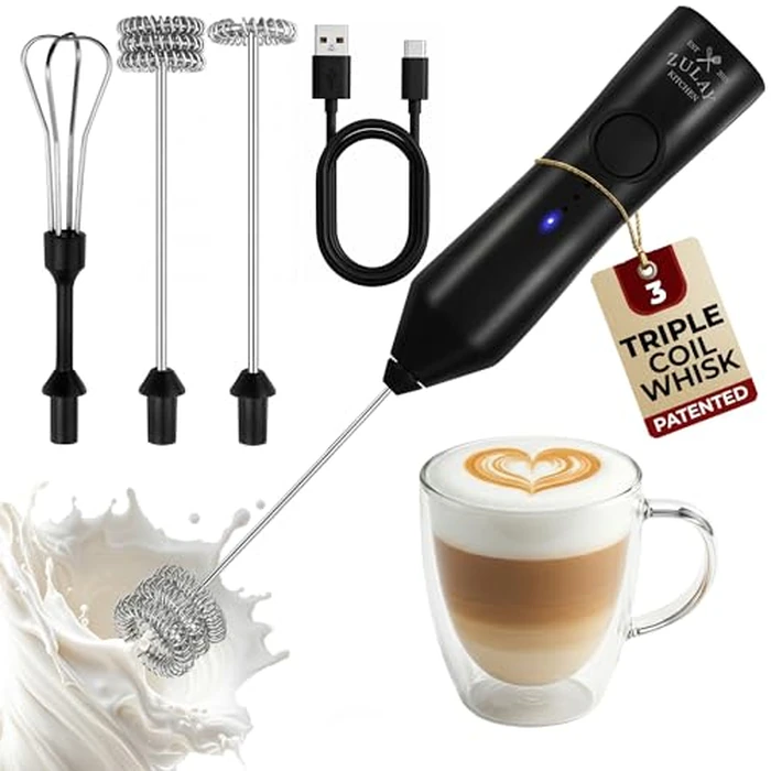 Zulay Kitchen Rechargeable Milk Frother - Dynamic - 3 Speeds, 3 Whisk Attachments, 500 mAh USB Charging, Drink Mixer for Latte, Cappuccino, Matcha, Protein Powder, Coffee Foam - Black by Zulay Kitchen - Image 1
