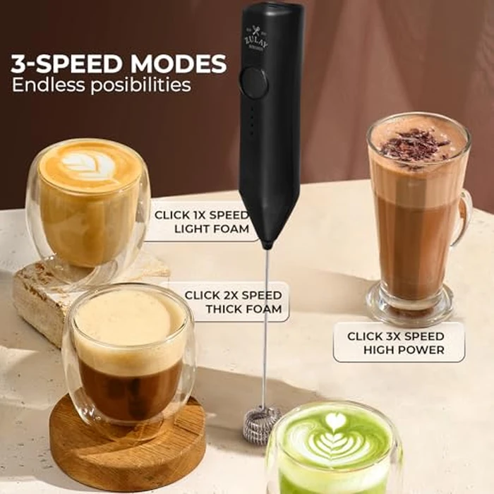 Zulay Kitchen Rechargeable Milk Frother - Dynamic - 3 Speeds, 3 Whisk Attachments, 500 mAh USB Charging, Drink Mixer for Latte, Cappuccino, Matcha, Protein Powder, Coffee Foam - Black by Zulay Kitchen - Image 4