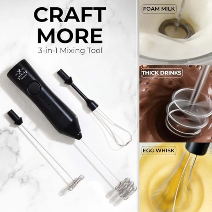 Zulay Kitchen Rechargeable Milk Frother - Dynamic - 3 Speeds, 3 Whisk Attachments, 500 mAh USB Charging, Drink Mixer for Latte, Cappuccino, Matcha, Protein Powder, Coffee Foam - Black by Zulay Kitchen - Image 7