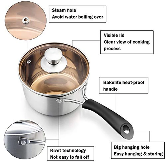 P&P CHEF 2QT Saucepan, Stainless Steel 2 Quart Saucepan with Lid, Multipurpose Sauce Pan for Kitchen Restaurant Cooking, Visible Glass lid & Heat-Proof Handles, Rust Resistant & Dishwasher Safe by P&P CHEF - Image 2
