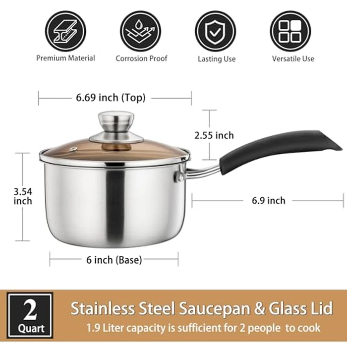 P&P CHEF 2QT Saucepan, Stainless Steel 2 Quart Saucepan with Lid, Multipurpose Sauce Pan for Kitchen Restaurant Cooking, Visible Glass lid & Heat-Proof Handles, Rust Resistant & Dishwasher Safe by P&P CHEF - Image 5