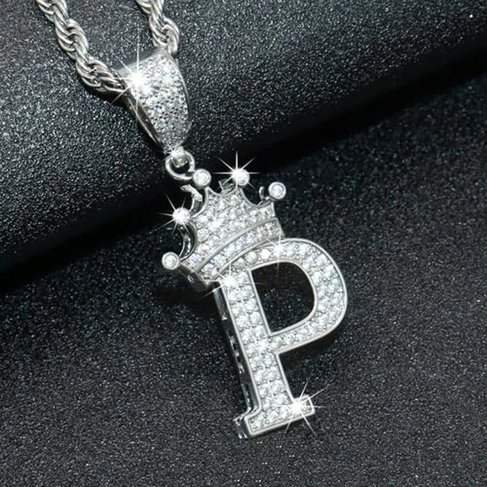 Initial Necklace Letter Necklace Pendant, A-Z Copper-Set Zircon Crown Pendants 23.21 Inch Pendant Necklaces-Electroplated non Tarnish Name Necklaces, Everyday Minimalist Accessories, Silver P by Leashelllinco - Image 4