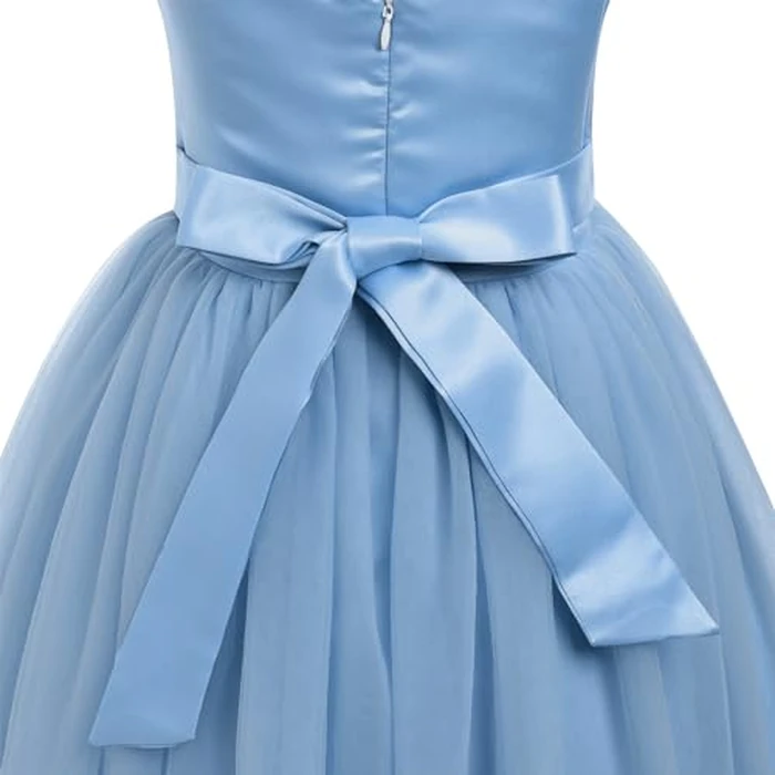 OBEEII Flower Girl Dress for Wedding Pleated V Neck Satin Back Bow Tulle Princess Dress Junior Bridesmaids Birthday Pageant Formal Ball Prom Gown Grey Blue 10 Years by OBEEII - Image 5