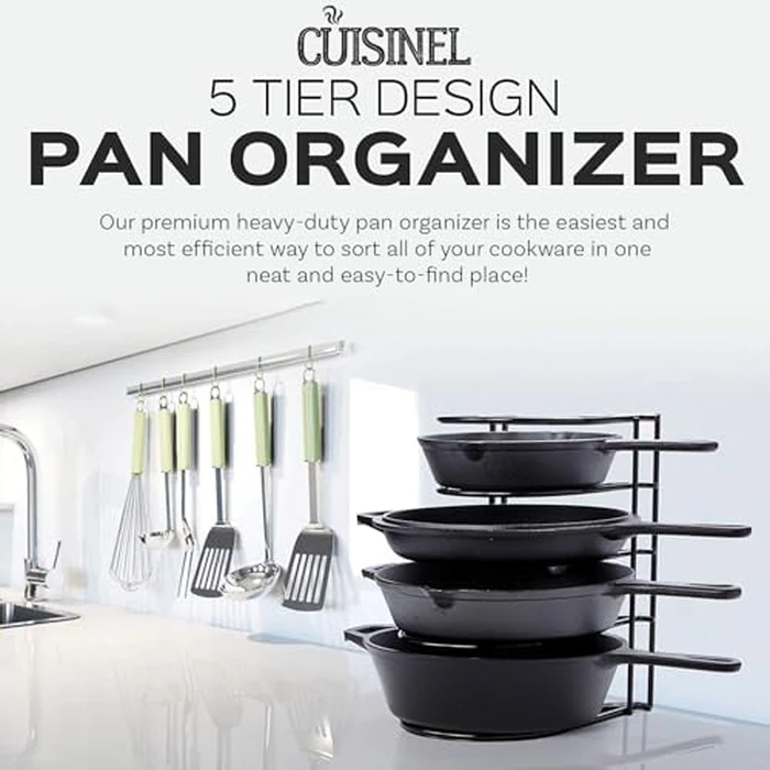 Heavy Duty Pan Organizer, 5 Tier Rack - Holds up to 50 LB - For Cast Iron Skillets, Griddles, Pots - Durable Steel Construction - Space Saving Kitchen Storage - No Assembly Required - Black 12.2-Inch by CUISINEL - Image 3