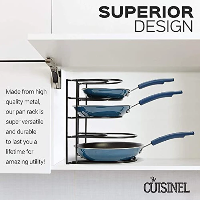 Heavy Duty Pan Organizer, 5 Tier Rack - Holds up to 50 LB - For Cast Iron Skillets, Griddles, Pots - Durable Steel Construction - Space Saving Kitchen Storage - No Assembly Required - Black 12.2-Inch by CUISINEL - Image 4