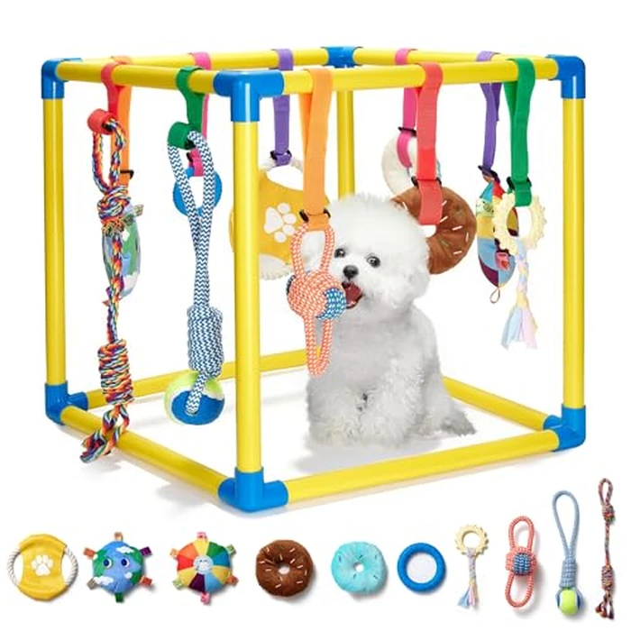 WooPetty Puppy Play Gym with 10 Hanging Toys, 19.6" Dog Jungle Gym PVC Frame with 10 Interactive Enrichment Toys & Straps for Small Dogs Cats, Indoor Funny Puppy Gym Pet Supplies Essentials by WooPetty - Image 1