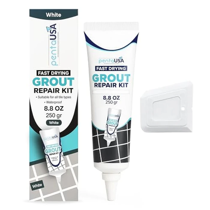 PentaUSA Tile Grout Repair Kit - White Premixed Acrylic Sanded Grout Filler for Bathroom, Shower, and Kitchen, Water-Resistant Tube with Applicator, Fills Cracks and Gaps, Fast Drying (8.8oz / 250g) by PENTAUSA - Image 1