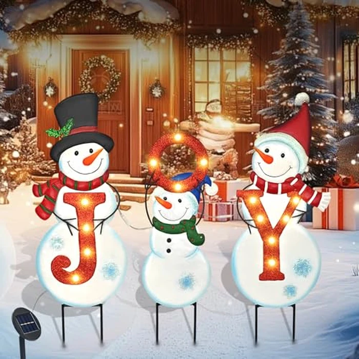 Christmas Outdoor Yard Signs Decorations, LED Solar Metal Garden Stake Lights with Joy for Patio Lawn Christmas Decor (Snowman Family) by BRIGHTDECK - Used - Very Good condition - US$23.32