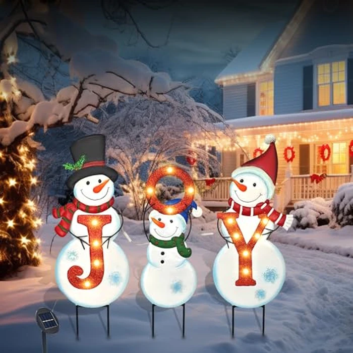 Christmas Outdoor Yard Signs Decorations, LED Solar Metal Garden Stake Lights with Joy for Patio Lawn Christmas Decor (Snowman Family) by BRIGHTDECK - Image 7