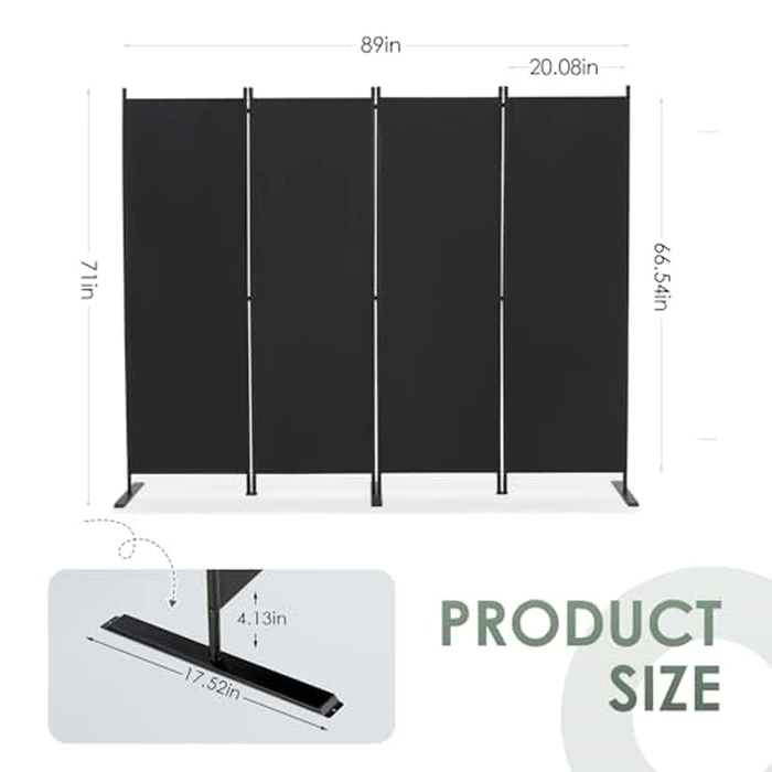 RANTILA 4 Panel Room Divider, 6 FT Folding Privacy Screen with Wide Feet, Freestanding Partition for Room Separation, Portable Room Divider Panel, 89" W x 71" H, Black by RANTILA - Image 3