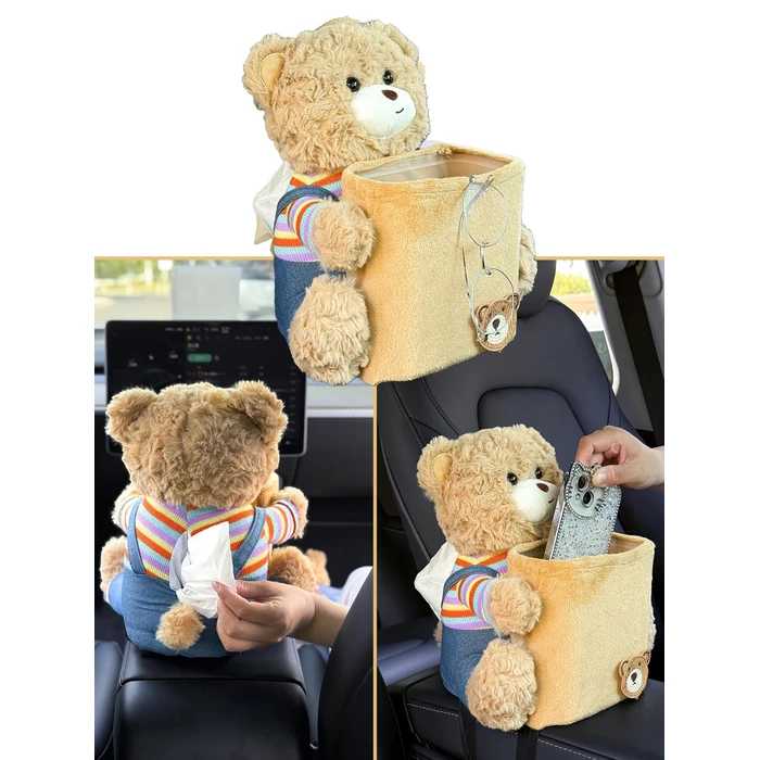 VimoDemo Cute Car Trash Can with Tissue Holder Teddy Bear Tissue Box Console Stuffed Animal Organizer Plush Doll Multifunctional Creative Accessories for Women Rainbow Bear by VimoDemo - Used - Like New condition