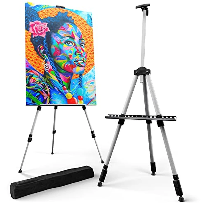 T-SIGN 66 Inch Artist Easel Stand, Upgrade Art Paint Easle Aluminum Metal Tripod Display 17 to 66 Inch Adjustable Height, Portable Bag for Floor/Table-Top Drawing and Displaying, Silver 2 Pack by T-SIGN - Used - Like New condition