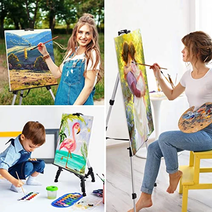 T-SIGN 66 Inch Artist Easel Stand, Upgrade Art Paint Easle Aluminum Metal Tripod Display 17 to 66 Inch Adjustable Height, Portable Bag for Floor/Table-Top Drawing and Displaying, Silver 2 Pack by T-SIGN - Image 2