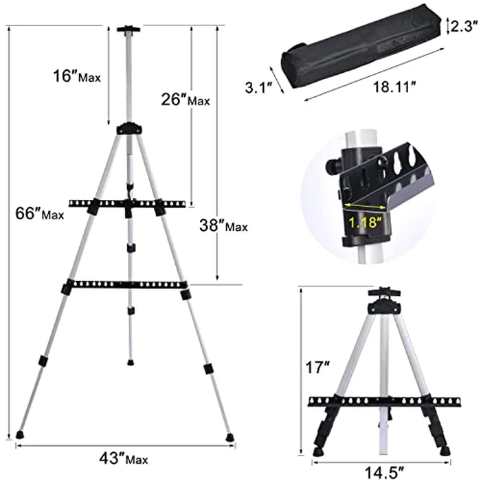T-SIGN 66 Inch Artist Easel Stand, Upgrade Art Paint Easle Aluminum Metal Tripod Display 17 to 66 Inch Adjustable Height, Portable Bag for Floor/Table-Top Drawing and Displaying, Silver 2 Pack by T-SIGN - Image 3