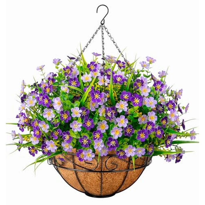 Ouddy Decor Artificial Hanging Flowers with Basket, Faux Silk Flowers in Coconut Lining Basket, Spring Summer Outdoor Decor Fake Hanging Plants for Garden Patio Yard Porch Lawn, Purple by Ouddy Decor - Used - Like New condition - US$26.05