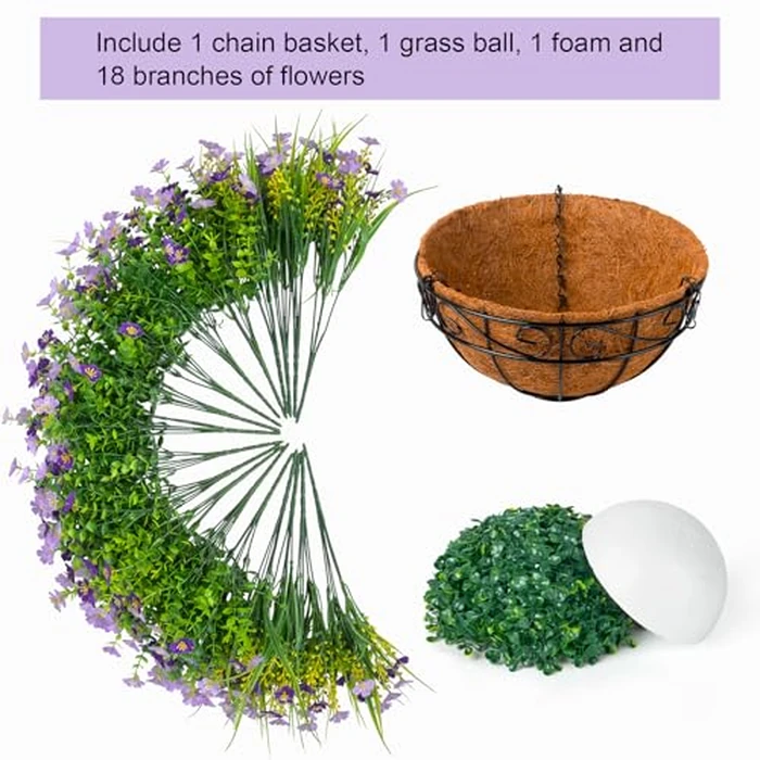 Ouddy Decor Artificial Hanging Flowers with Basket, Faux Silk Flowers in Coconut Lining Basket, Spring Summer Outdoor Decor Fake Hanging Plants for Garden Patio Yard Porch Lawn, Purple by Ouddy Decor - Image 3