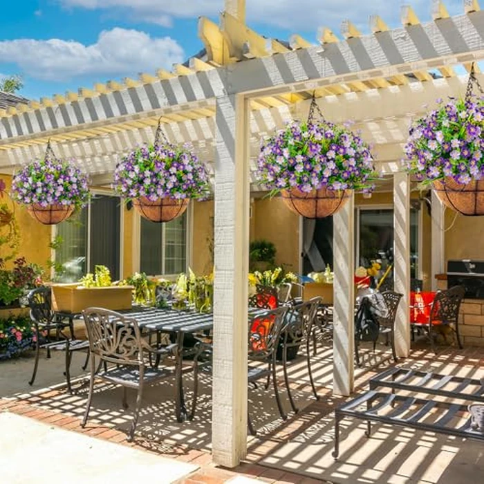 Ouddy Decor Artificial Hanging Flowers with Basket, Faux Silk Flowers in Coconut Lining Basket, Spring Summer Outdoor Decor Fake Hanging Plants for Garden Patio Yard Porch Lawn, Purple by Ouddy Decor - Image 5