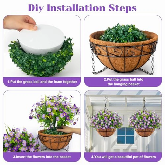 Ouddy Decor Artificial Hanging Flowers with Basket, Faux Silk Flowers in Coconut Lining Basket, Spring Summer Outdoor Decor Fake Hanging Plants for Garden Patio Yard Porch Lawn, Purple by Ouddy Decor - Image 7